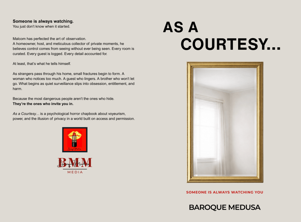 Paperback cover of As a Courtesy by Baroque Medusa featuring a gold-framed mirror in an empty room, exploring themes of voyeurism and psychological horror