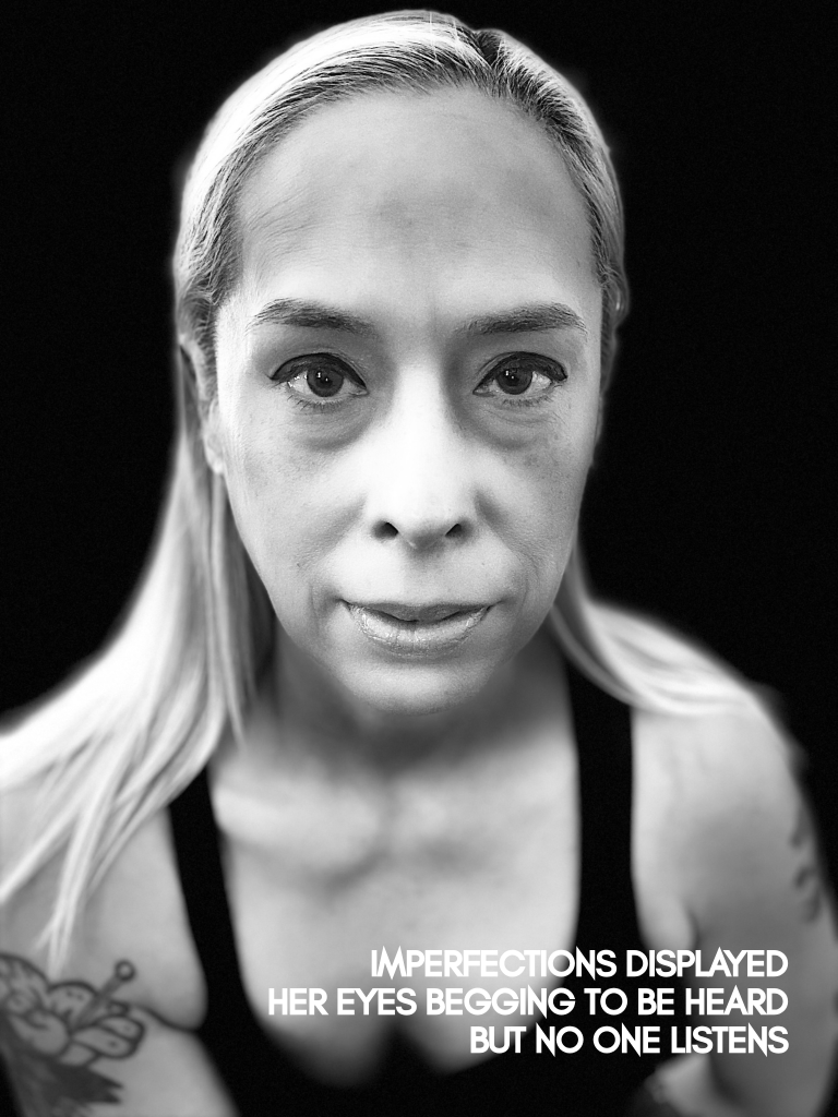 Black and white portrait of Baroque Medusa with direct gaze and text overlay, minimalist fine art photography