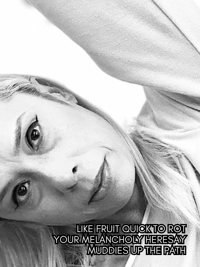 Black and white portrait by Baroque Medusa featuring a tilted close-up face, paired with a haiku about melancholy, hearsay, and emotional decay.