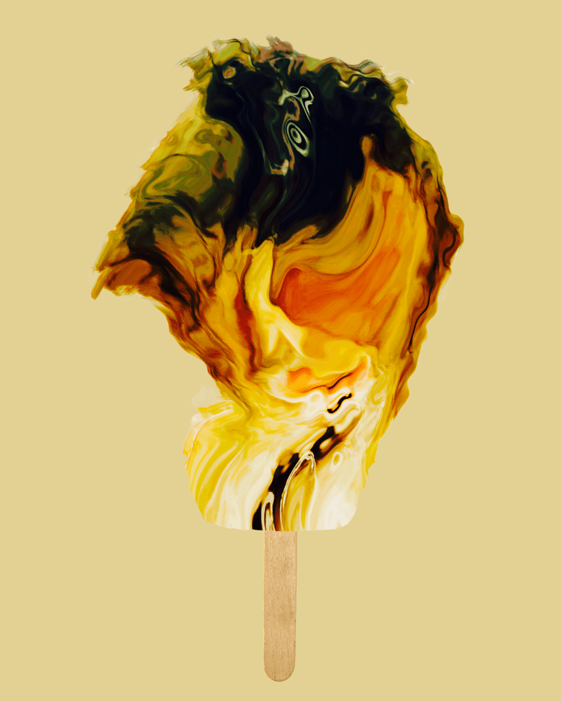 Abstract distortion artwork by Baroque Medusa featuring molten mocha tones in a surreal ice cream silhouette