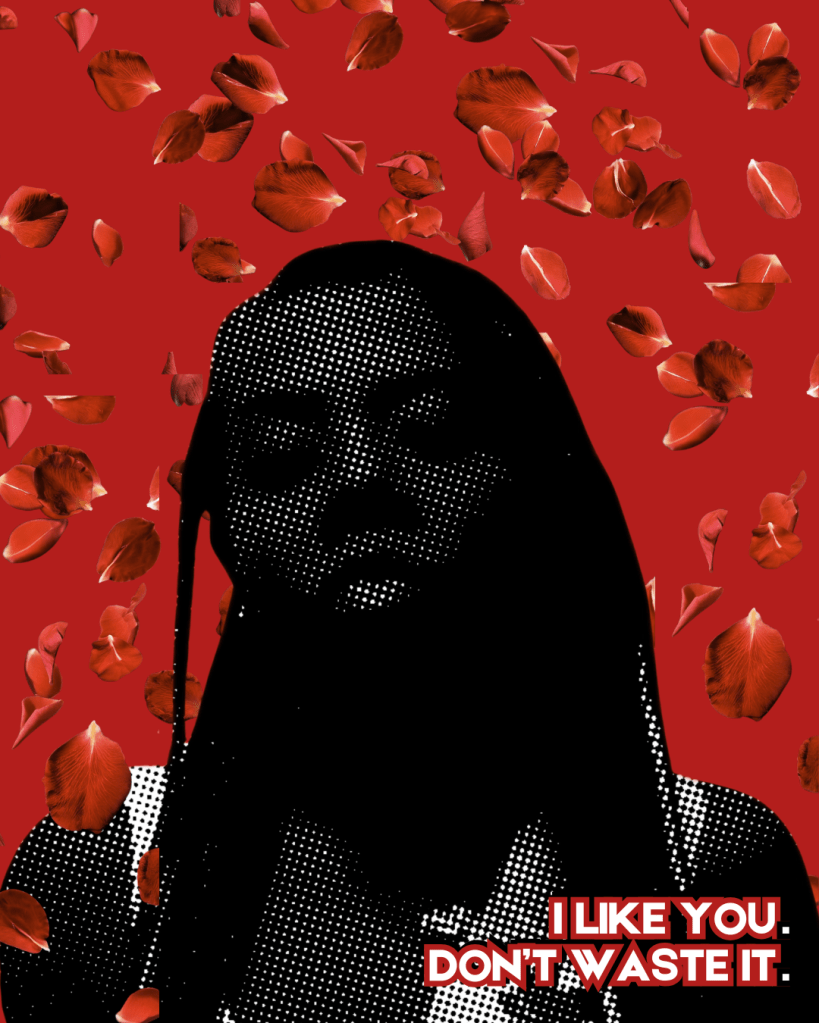 Dark halftone portrait on a red background with minimal Valentine elements and the text “I like you. Don’t waste it.”