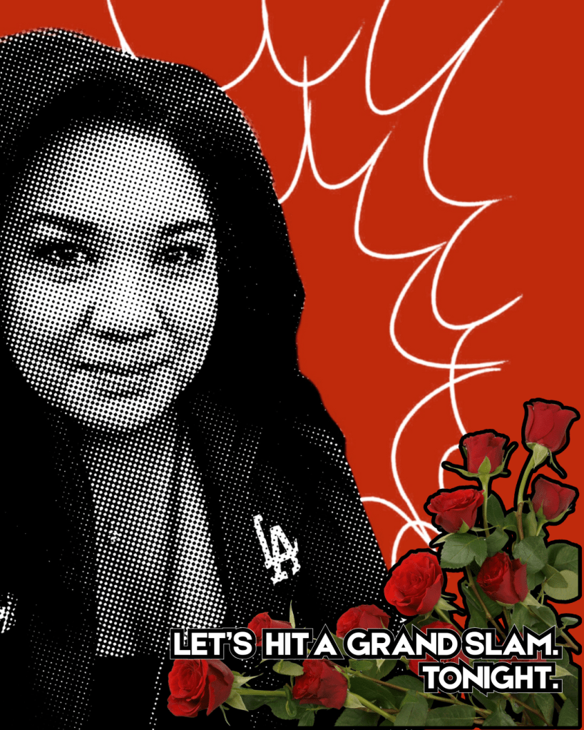 Halftone selfie portrait against a red graphic background with playful text reading “Let’s hit a grand slam tonight.”