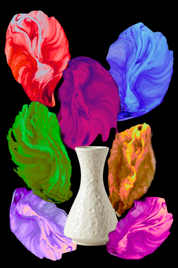 Color-saturated abstract still life titled Saturated Offering by Baroque Medusa featuring distorted petal-like forms surrounding a central white vessel on a black background.