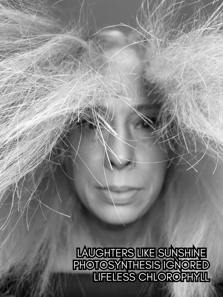 Black-and-white self-portrait of Baroque Medusa with disheveled hair obscuring her face, paired with a visual haiku about laughter, sunlight, and ignored photosynthesis
