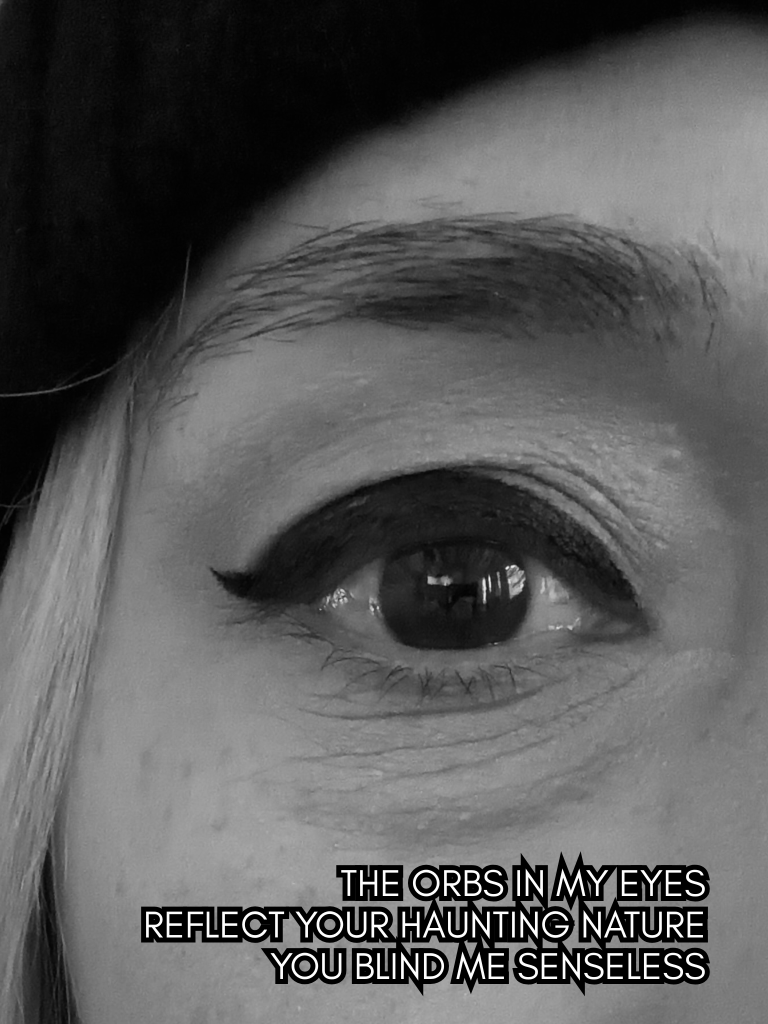 Extreme close-up of one eye in black-and-white portrait with haiku text overlay by Baroque Medusa.
