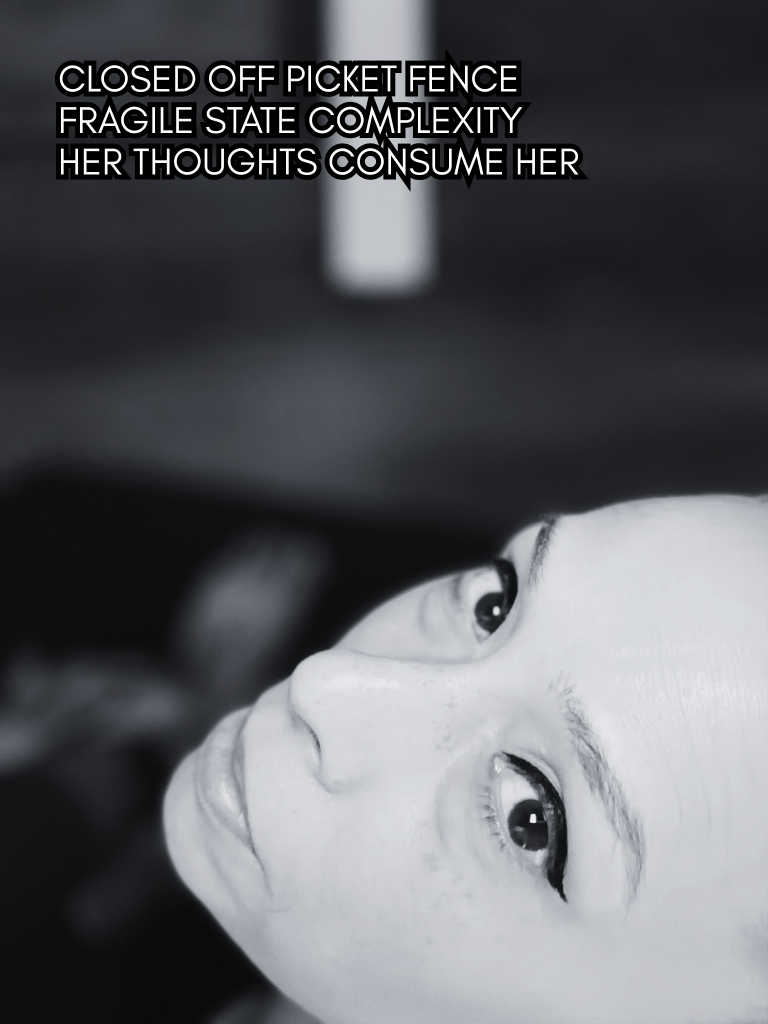 Black and white close-up portrait of Baroque Medusa looking upward, overlaid with a haiku about fragility, closed fences, and consuming thoughts.