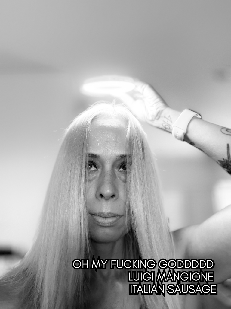 Black-and-white self-portrait of Baroque Medusa with make-shift halo while staring forward, accompanied by a humorous haiku referencing hair, desire, and exaggeration.