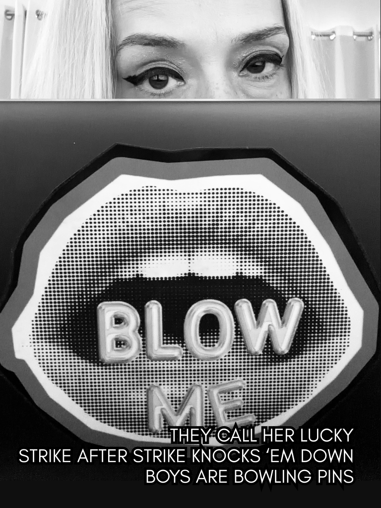 Black-and-white image featuring the word “BLOW ME” styled as graphic art, paired with a haiku about luck, repetition, and impact.