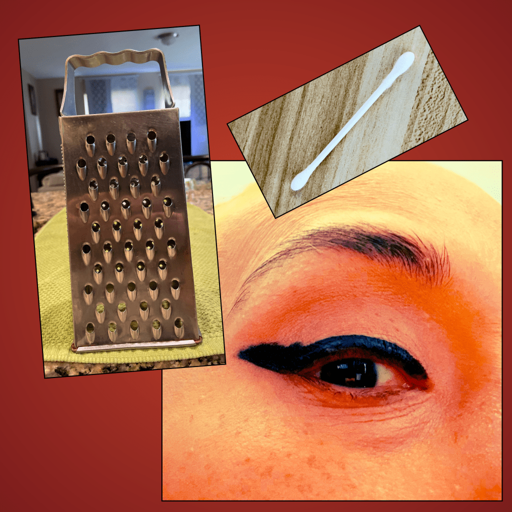 Process image by Baroque Medusa showing cheese grater, cotton swab, and eye detail used in creating Frenzied Pull abstract artwork