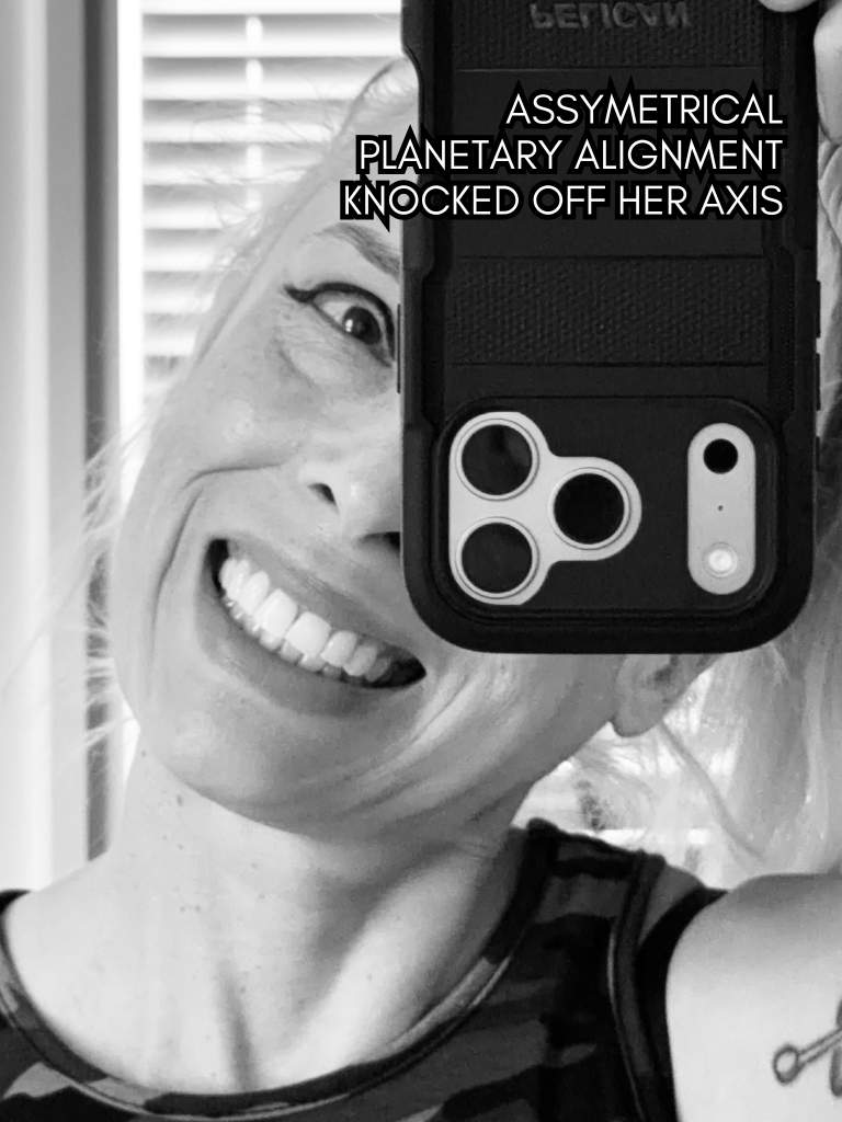 Black-and-white selfie portrait of writer and artist, Baroque Medusa