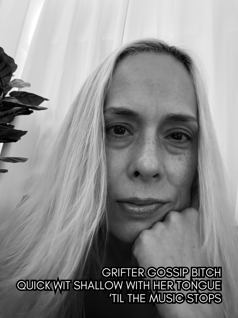 Black-and-white selfie portrait of writer and artist, Baroque Medusa