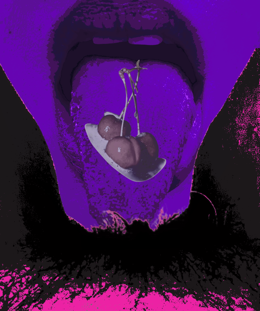 Purple pop-art style open mouth with cherries dripping cream, erotic surreal artwork by Baroque Medusa.