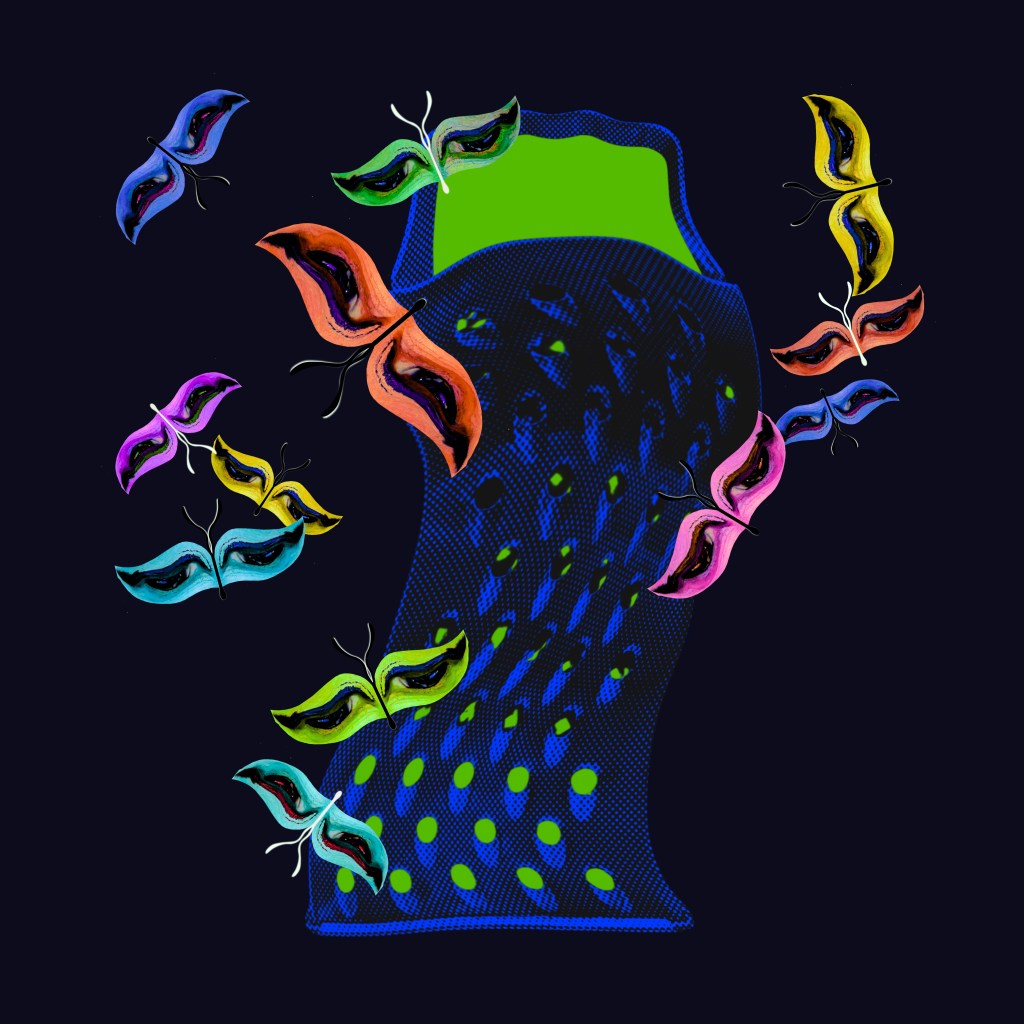 Surreal abstract butterfly composition with glowing green structure and cobalt blue background, titled Frenzied Pull from the Abstract Distortions collection