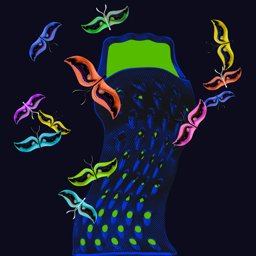 Surreal abstract butterfly composition with glowing green structure and cobalt blue background, titled Frenzied Pull from the Abstract Distortions collection