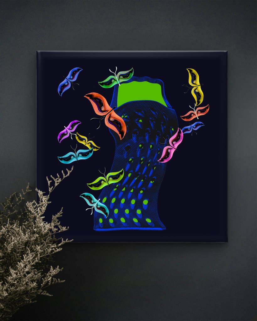Frenzied Pull abstract canvas by Baroque Medusa featuring colorful moth forms on a dark background, displayed as wall art