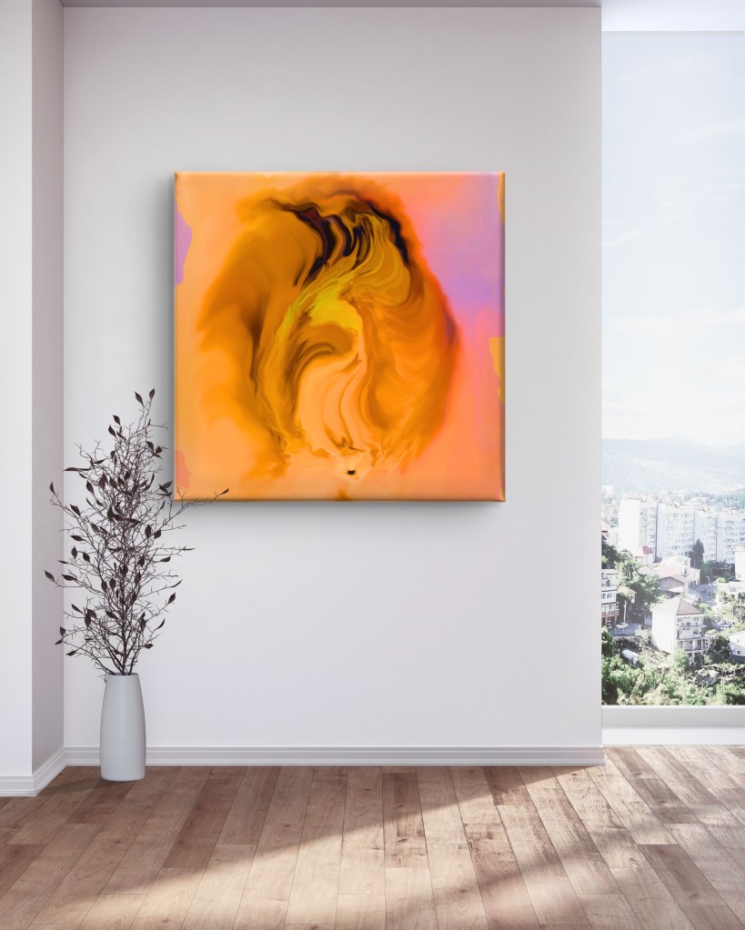 Honey Aperture abstract artwork by Baroque Medusa from the Abstract Distortions series displayed in a contemporary interior with natural light and plant accents.