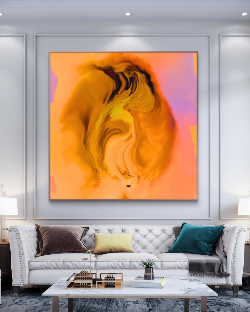 Honey Aperture contemporary abstract artwork by Baroque Medusa from the Abstract Distortions collection displayed above a sofa in a luxury living room.