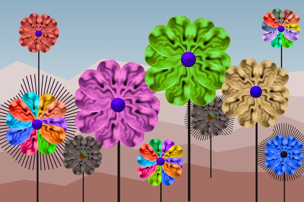 Palm Springs Spinners abstract desert artwork featuring colorful wind spinners against layered desert mountains