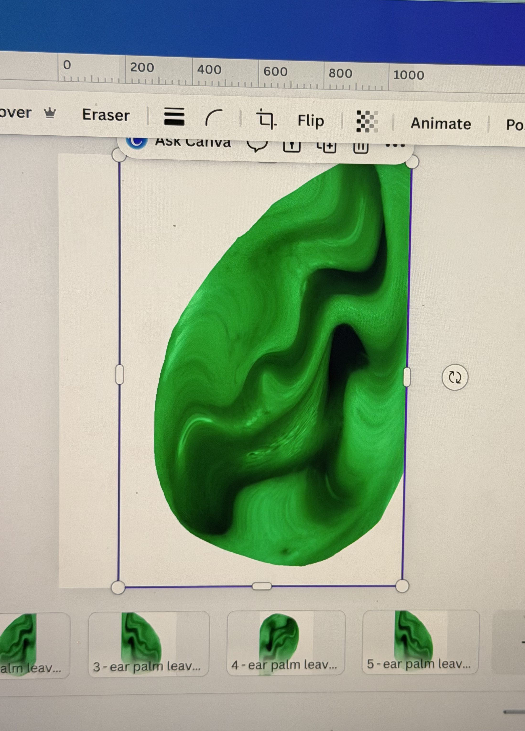 digital manipulation process in canva showing distortion of ear photograph used in palm springs spinners artwork by baroque medusa