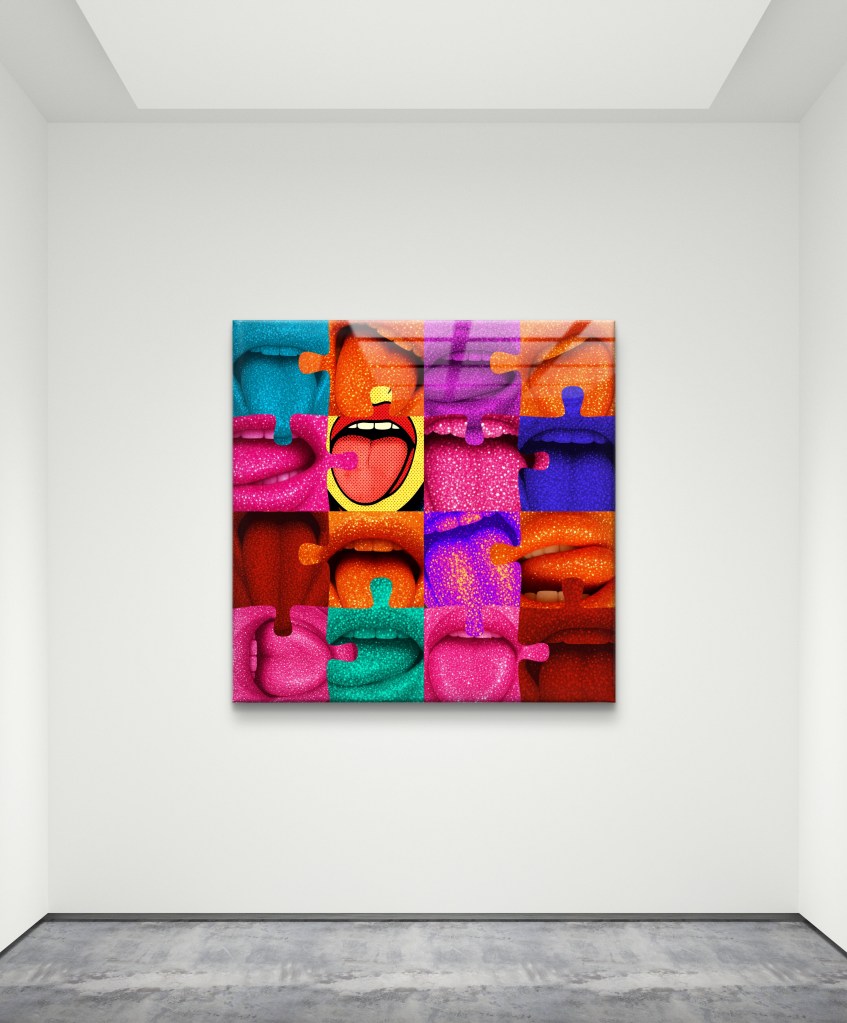 Say Ahhh abstract self portrait by Baroque Medusa displayed on a minimal gallery wall, colorful lips collage in square format