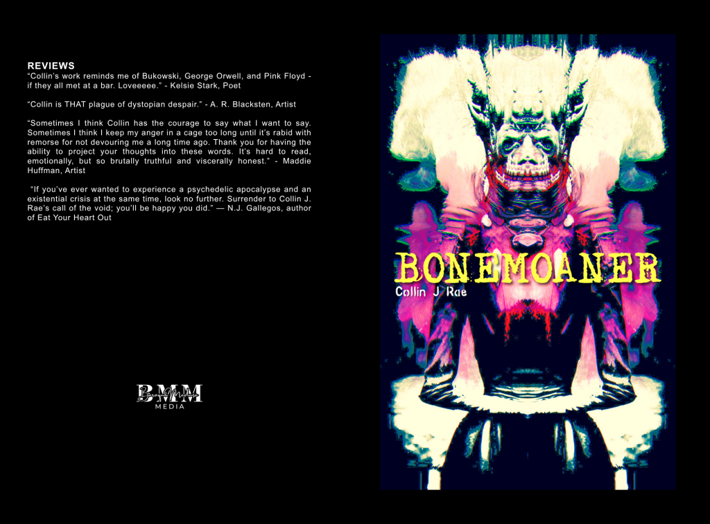 Back cover of BONEMOANER paperback by Collin J Rae featuring review excerpts on a dark background alongside the front cover artwork in a framed layout.