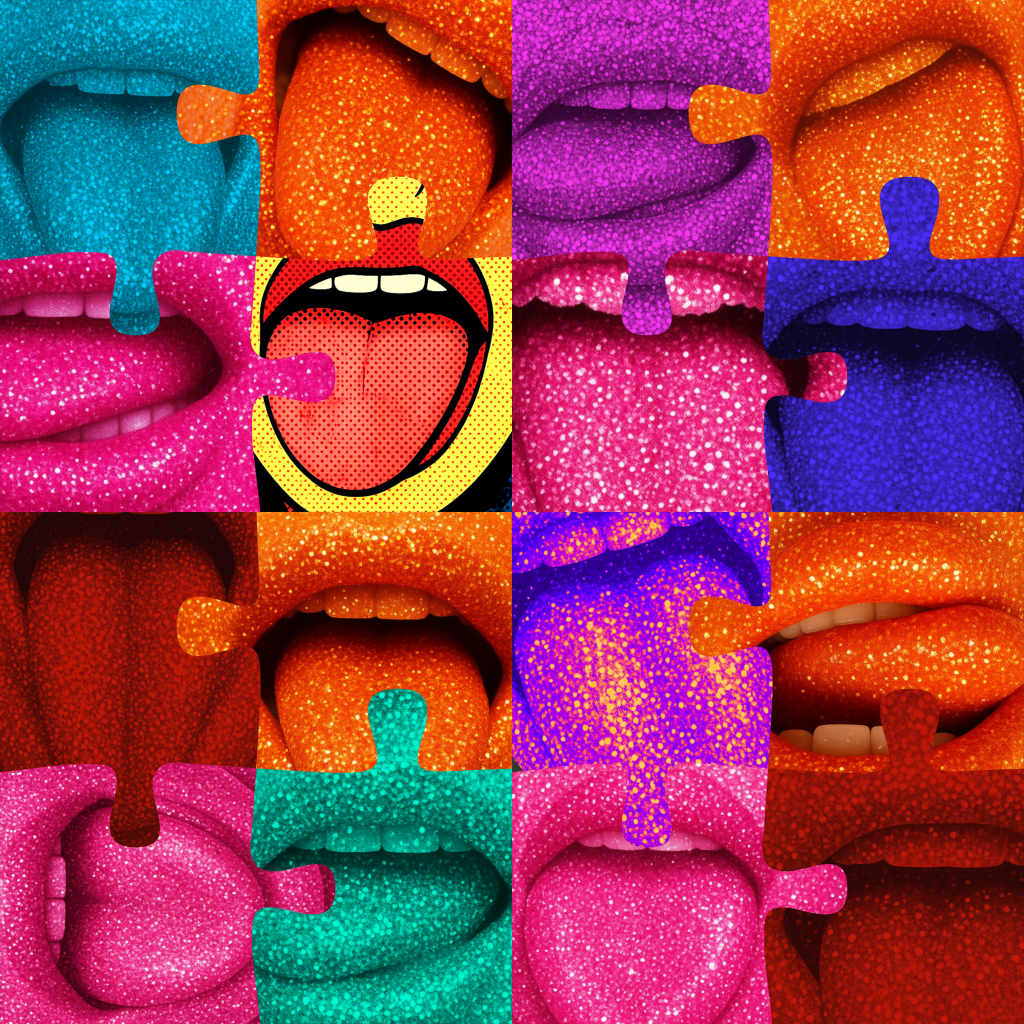 Colorful puzzle-style digital artwork featuring repeated close-up images of lips and tongue with a central pop-art mouth, representing abstract distortion and fragmented self-portraiture.