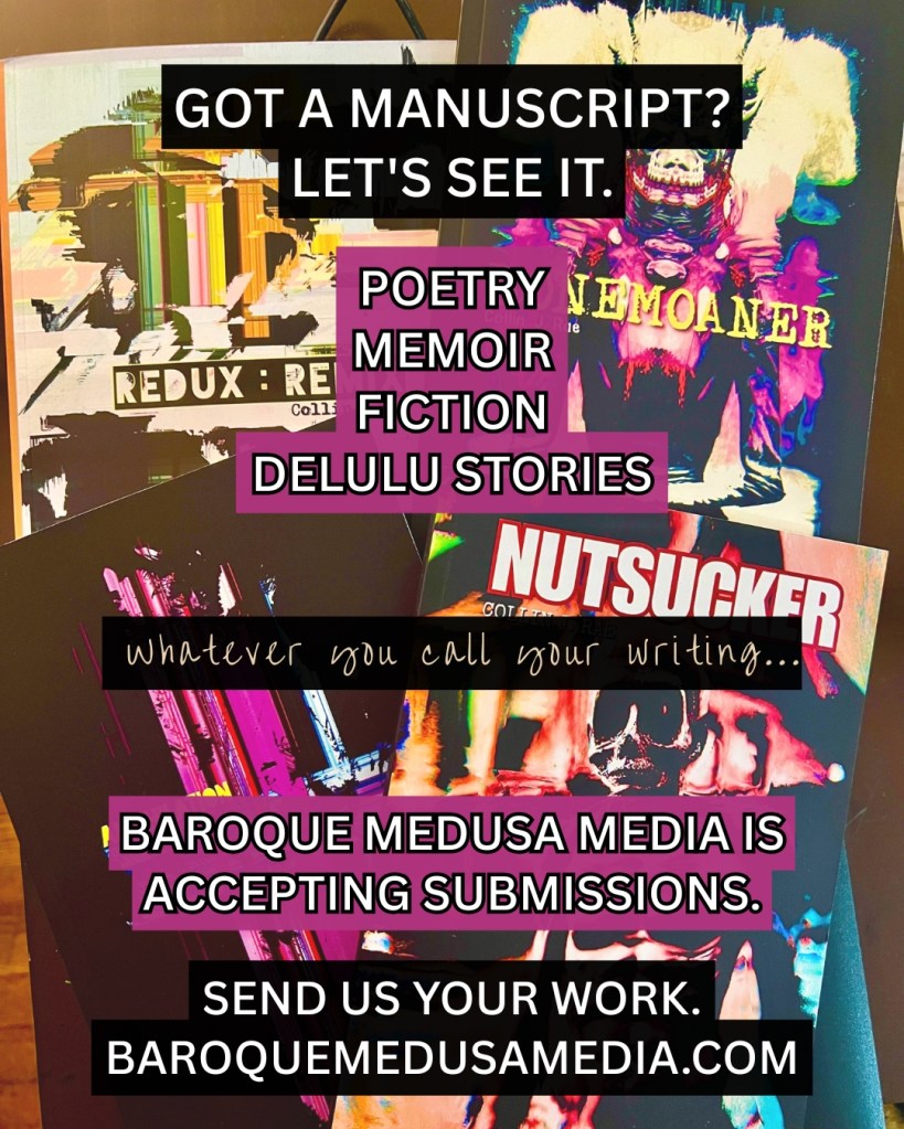 Baroque Medusa Media accepting submissions for poetry, memoir, fiction, hybrid works, and experimental writing with examples of recently published books.