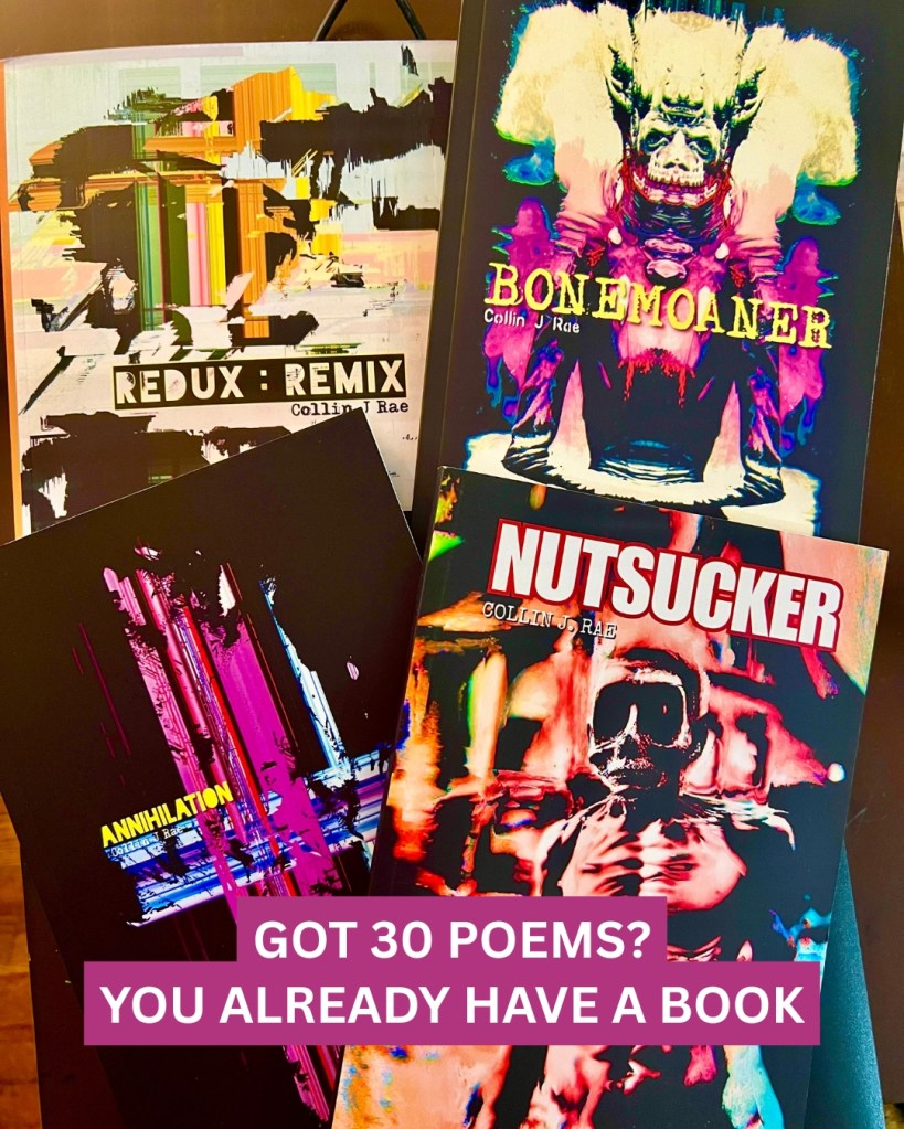 Four books published by Baroque Medusa Media displayed together with text reading "Got 30 Poems? You Already Have a Book" promoting poetry and manuscript submissions.