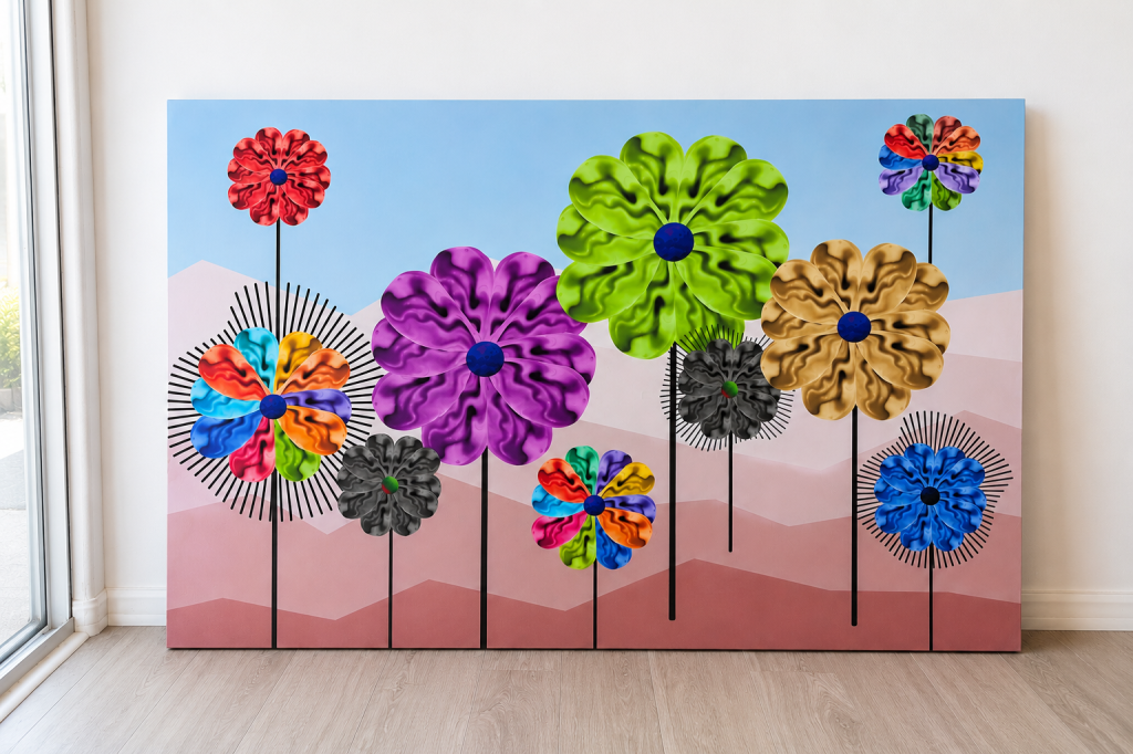 Palm Springs Spinners by Baroque Medusa displayed as a 48x32-inch canvas print featuring colorful abstract flower-like forms inspired by Palm Springs.