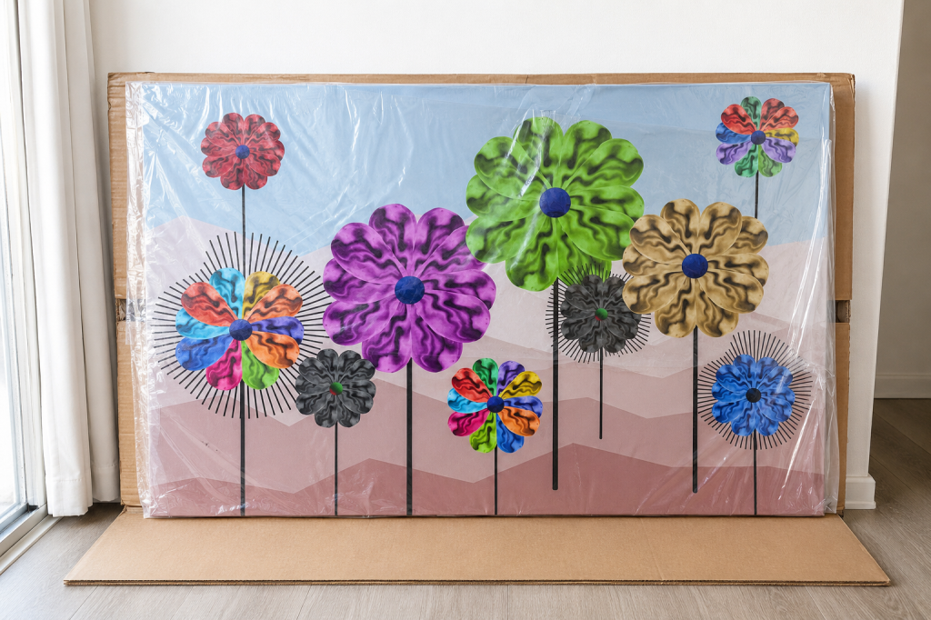 Wrapped 48x32-inch Palm Springs Spinners canvas print by Baroque Medusa leaning against a wall after delivery.
