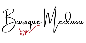Handwritten Baroque Medusa signature featuring a black script wordmark with a subtle blue handwritten initials flourish.