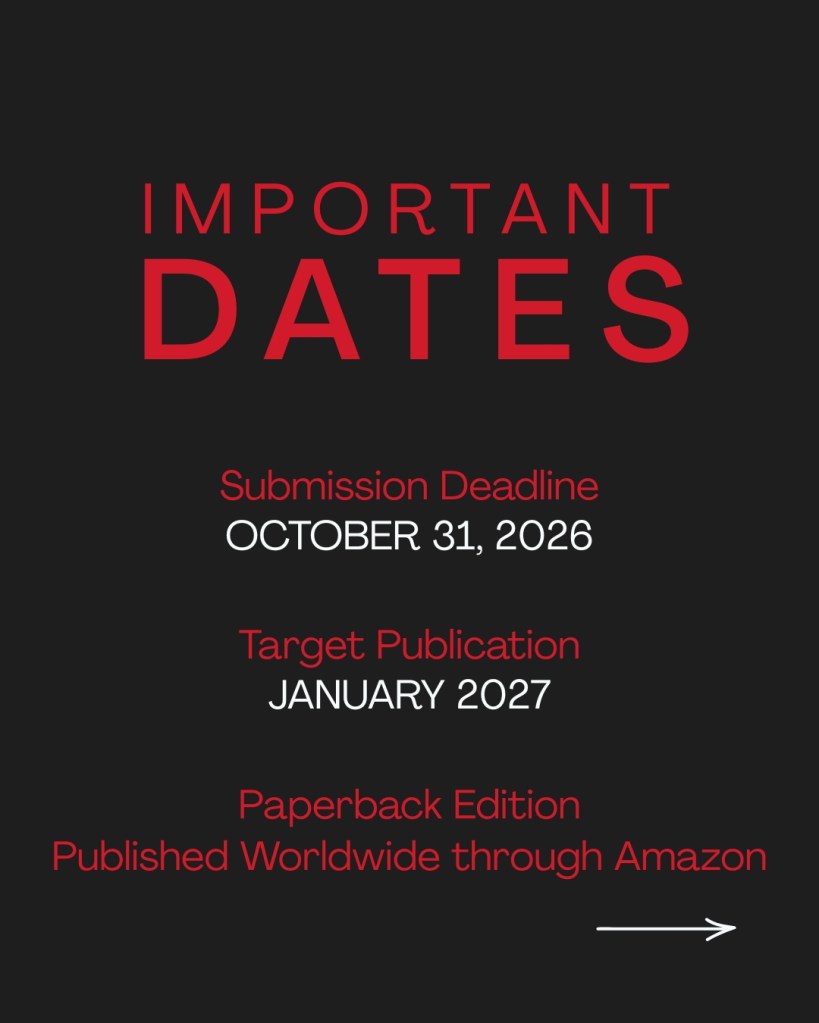 Important dates graphic showing the submission deadline, target publication date, and worldwide Amazon paperback release for the Baroque Medusa Media creative publication.