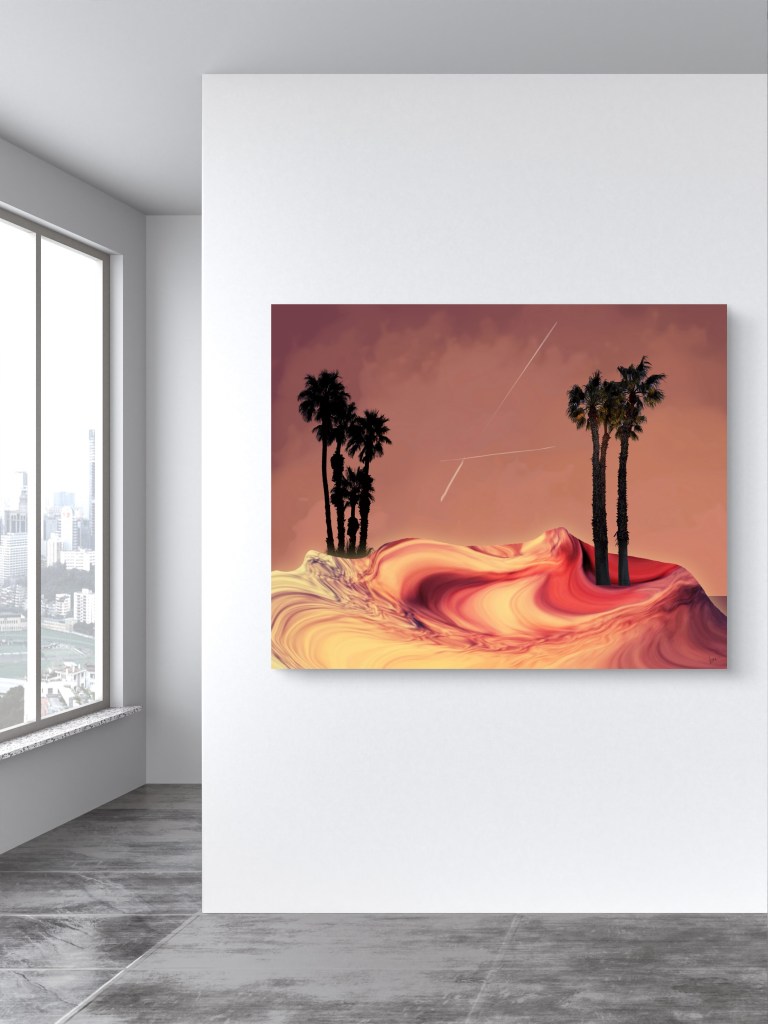 Canvas mockup of Vajine Springs by Baroque Medusa displayed on a modern white gallery wall. The abstract digital artwork features desert-inspired tones, palm trees, and surreal photographic distortion.