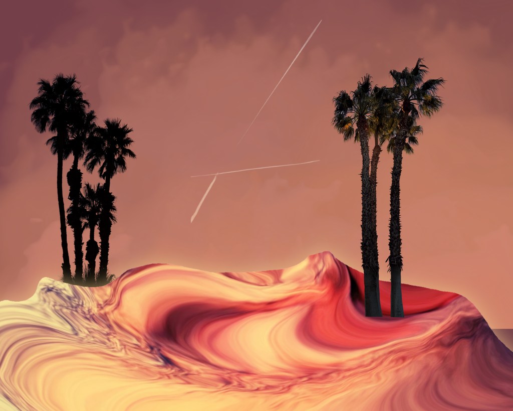 Vajine Springs by Baroque Medusa, a surreal digital landscape featuring flowing desert-like terrain created from transformed photographic source material, with silhouetted palm trees and softened contrails inspired by the Coachella Valley.