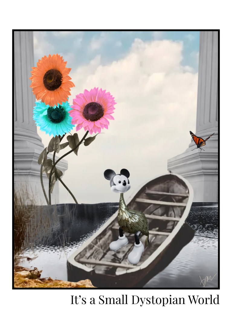 It’s a Small Dystopian World by Baroque Medusa, a surreal digital collage featuring a Mickey Mouse and crane hybrid in a rowboat surrounded by colorful flowers, classical columns, and a monarch butterfly magazine cover concept.