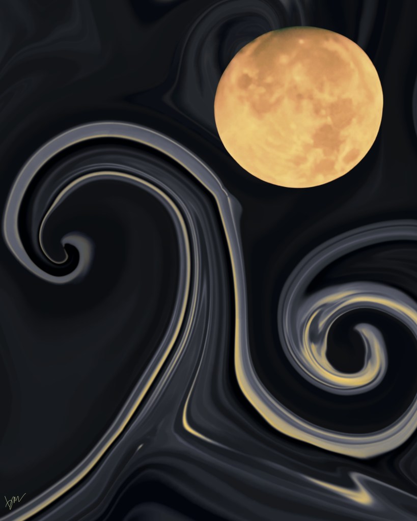 Abstract digital artwork titled Lunar Tide by Baroque Medusa featuring a bronzed Sturgeon Full Moon above dark, wave-like forms created from distorted body photography.