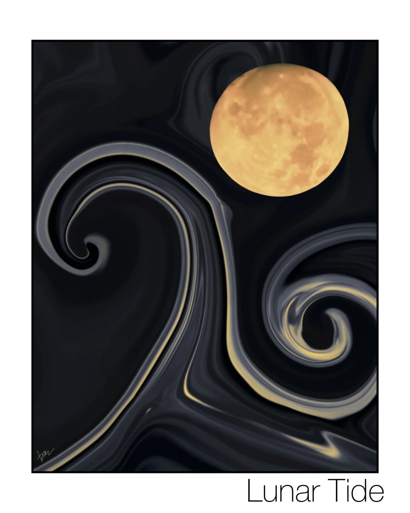 Magazine cover concept for Lunar Tide by Baroque Medusa featuring a bronzed full moon above dark abstract wave forms created from distorted body photography.