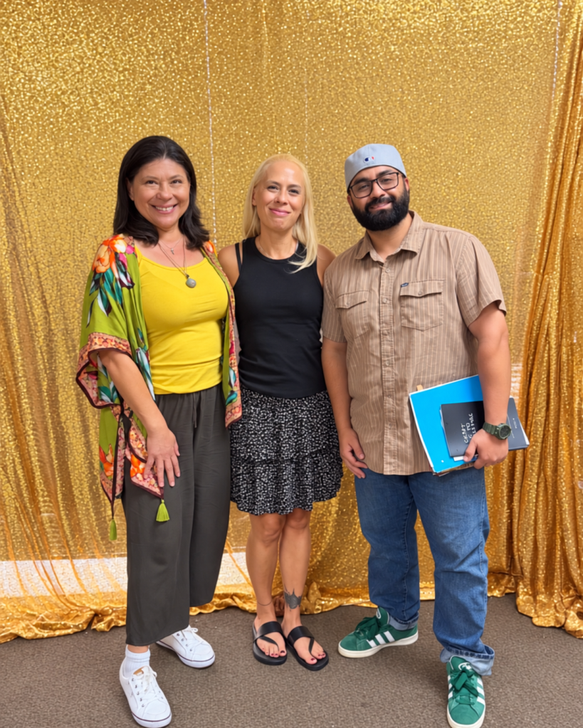 Baroque Medusa with writing workshop graduates Sylvia and Angel at The Healing Shoppe in Upland, California.