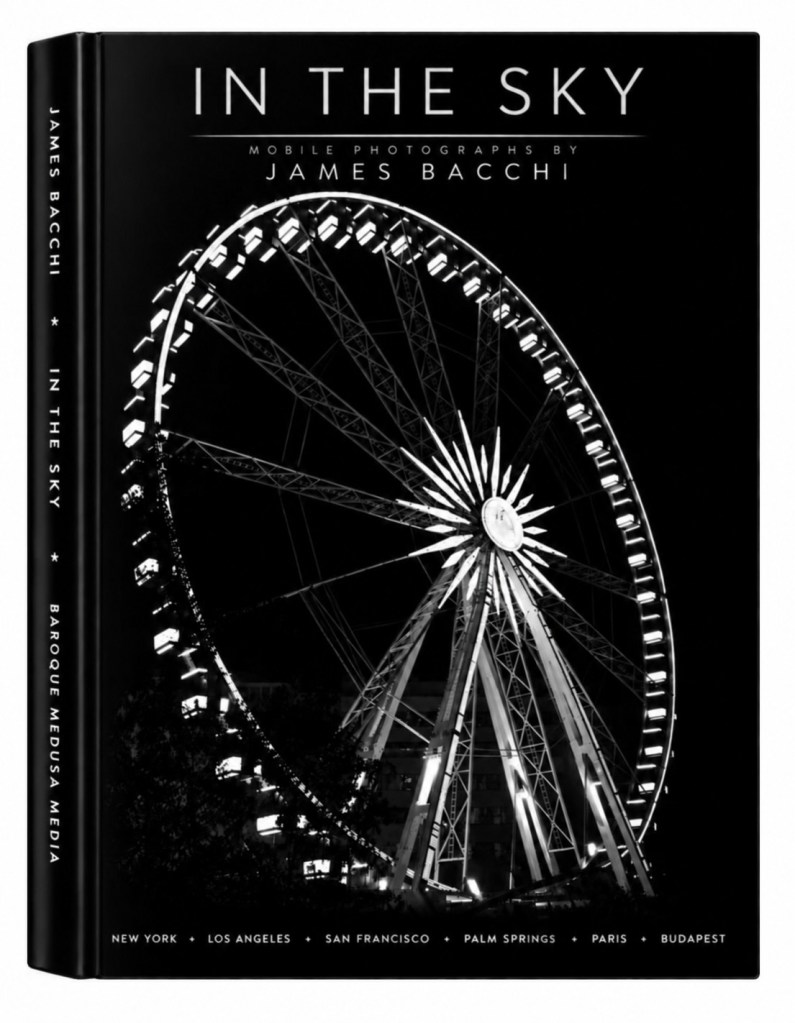 Book cover mockup for IN THE SKY by James Bacchi, featuring a black-and-white Ferris wheel photograph and Baroque Medusa Media branding.
