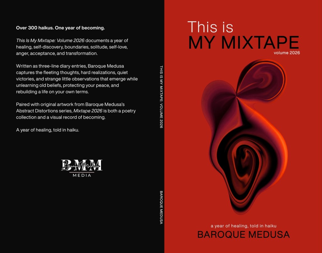 Full paperback cover for This Is My Mixtape: Volume 2026 by Baroque Medusa, featuring original Abstract Distortions artwork in red, black, and orange.