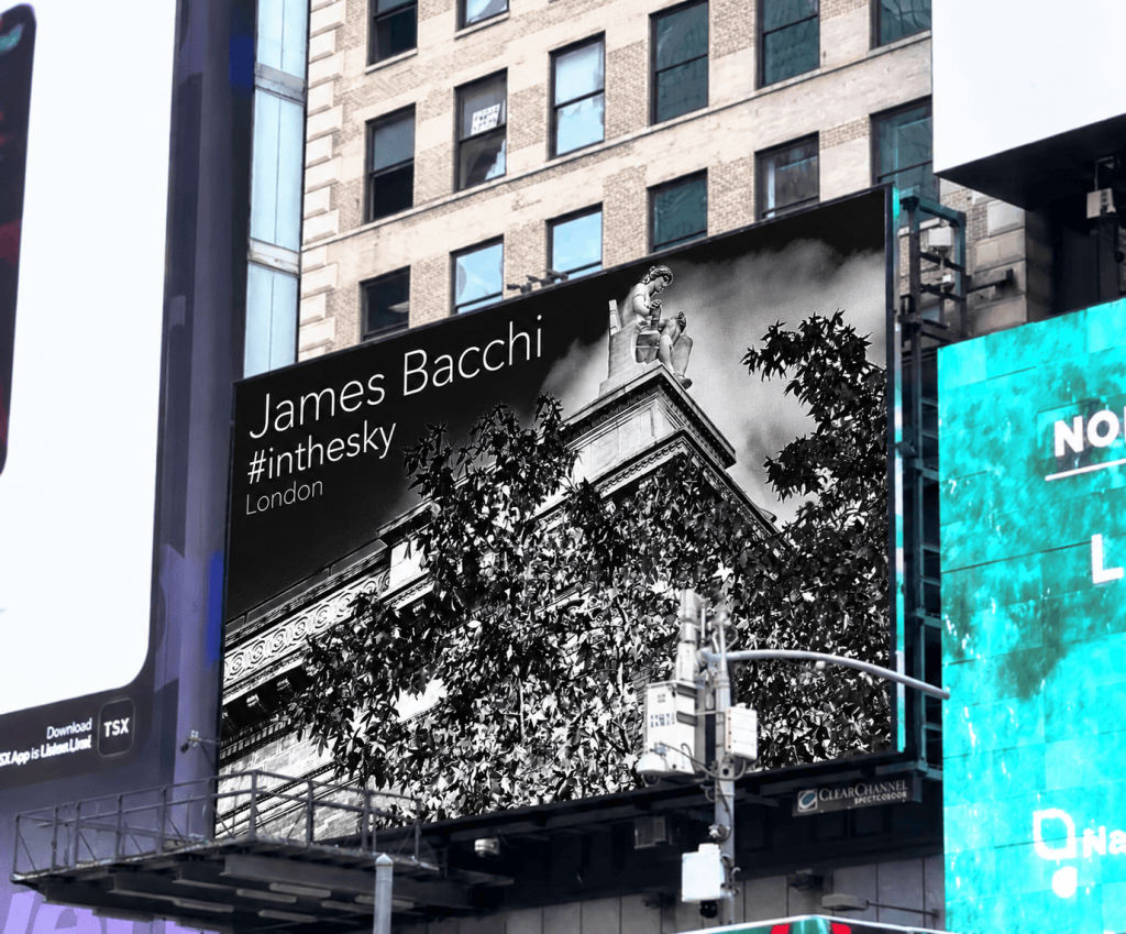 Times Square billboard promotional image featuring James Bacchi's IN THE SKY London photography.