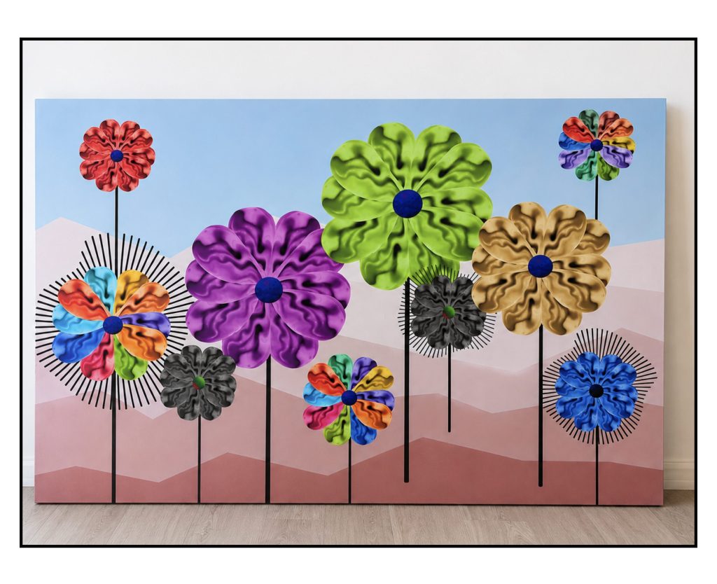 Palm Springs Spinners by Baroque Medusa, a colorful desert modernism artwork with abstract floral forms and geometric mountains.