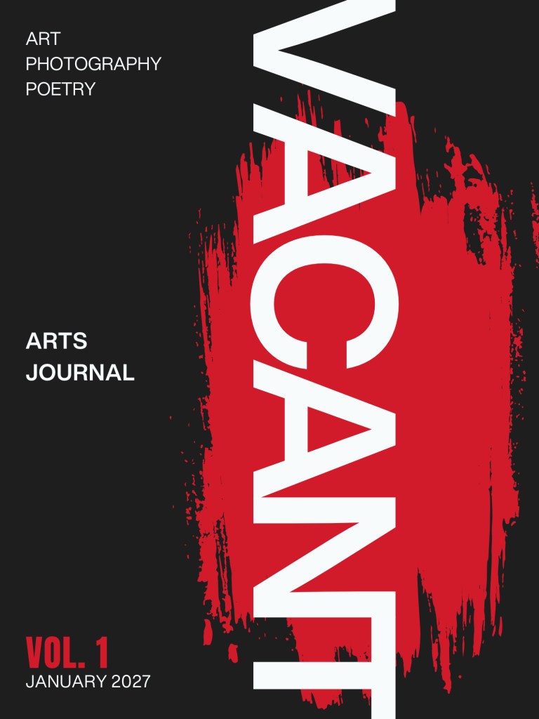 VACANT Arts Journal Volume 1 cover featuring bold vertical typography, a crimson red abstract brushstroke, and a charcoal background.